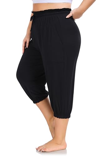 ZERDOCEAN Women's Plus Size Capri Pants High Waisted Loose Casual Travel Lounge Pants Capris with Drawstring Pockets2
