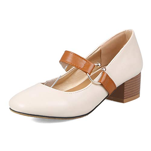 MIOKE Women's Square Toe Chunky Mid Block Heel Pumps Buckle Strap Comfort Mary Jane Office Dress Shoes