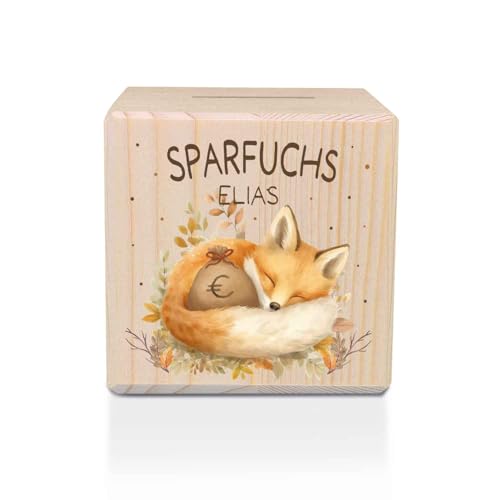 GRAVURZEILE Tirelire imprimée en bois avec serrure en métal – Tirelire renard – Personnalisable avec nom – Cadeau pour filles et garçons – Tirelire...