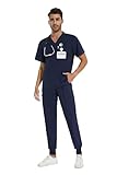 Men Scrubs Set — Stretch V-Neck Scrub Top & Jogger Pant with 8 Pockets, Yoga Waistband, Anti-Wrinkle Scrubs for Men - Navy Blue, L