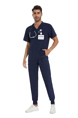 COZYFIT Men Scrubs Set — Stretch V-Neck Scrub Top & Jogger Pant with 8 Pockets, Yoga Waistband, Anti-Wrinkle Scrubs for Men