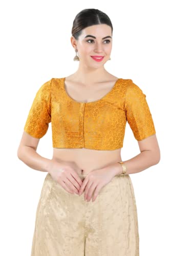 Image of Vamas Women's Brocade & Georgette Padded Self Design Half Sleeve Readymade Saree Blouse (X-1126.ELB)