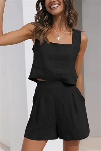 Dbdkejj Women's Casual Vacation Two-Piece Summer Pocket Sleeveless Vest Shorts Set4