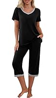 PrinStory Womens Pyjamas Set Comfy Pjs For Women Sets Short Sleeve Shirt And Capri Pants Loungewear Sets For Women Soft Ladies Sleepwear Nightwear With Pockets (Black, S)