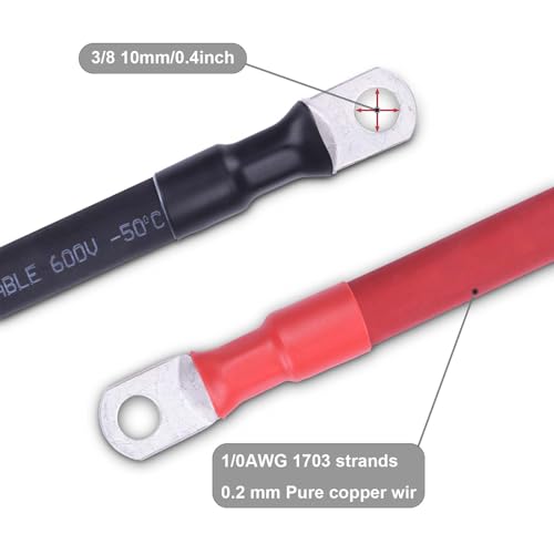 Image of 4 /0 AWG Flexible Battery Cable with 5 /16 inch Terminals - OFC Pure Copper Inverter & Welding Wire for Automotive Solar RV Motorcycle (Red + Black 1FT Pair)