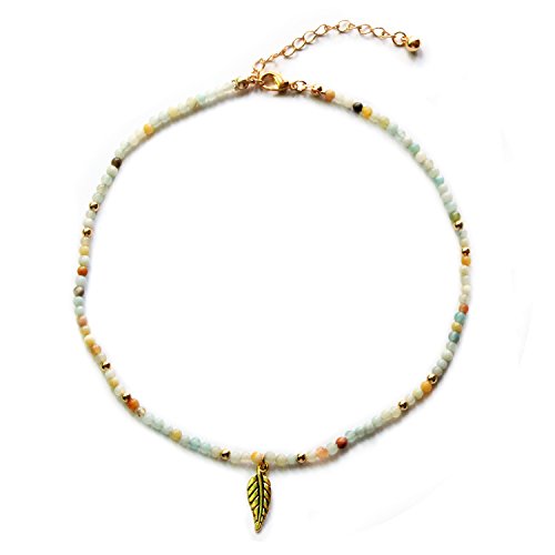 Natural Amazonite Bead Choker Necklace with Gold Leaf Pendant Healing Stone Crystal Choker for Women