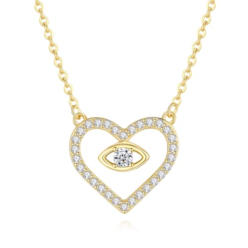 Image of GAVU Women's 925 Sterling Silver Gold Plated Necklace, CZ Paved Heart Evil Eye Pendant Necklace