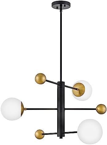 Lark Auggie Medium Mobile-Style Multi-Tier Chandelier, A Trio of Articulating Baton-Style Arms, Etched Opal Glass Shades, Black and Lacquered Brass
