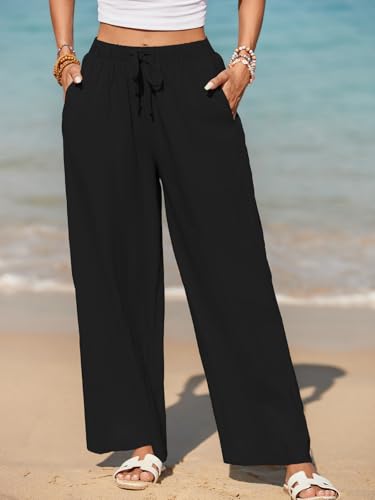 HAPYWER Leinenhose Damen Weites Bein Sommerhose Leichte Freizeithose Lang Stoffhose High Waist mit Gummizug Palazzo Strandhose mit Taschen(Schwarz,L)