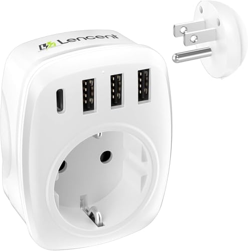 LENCENT Adaptador USA Viaje, Adaptador de Enchufe Americano Tipo B con 3 USB+1 Tipo C, Europea 2 Clavijas Redondas a Americana 3 Clavijas Plana, para México, Canadá, Colombia, Perú, Tailandia, Blanco