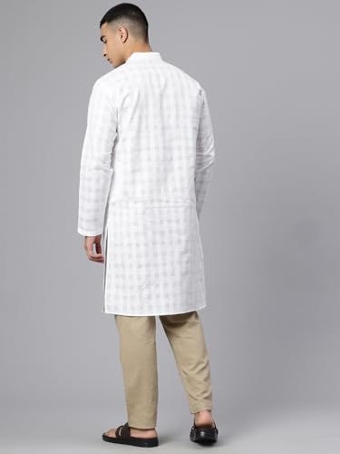 Image of Majestic Man Men's Pure Cotton Textured Check Mandarin Collar Long Kurta