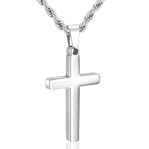 Rajputana Silver Cross Necklace Men Boys Twisted Rope Chain Cross Pendant Necklace for Men Easter Christian Baptism Jewellery Gifts 18 Inch
