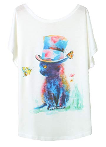 Luna et Margarita T-Shirt Femme Blanche Manche Chauve-Souris Col Rond Coton Mélange à Motif...