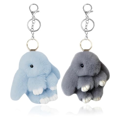 Image of 2 Pack Rabbit Keychains with Soft Plush, Cute Bunny Charms, Adorable Plush Rabbit Keychains Pompom Key Rings, Easter Decoration for Kids Girls (Gray + Green)