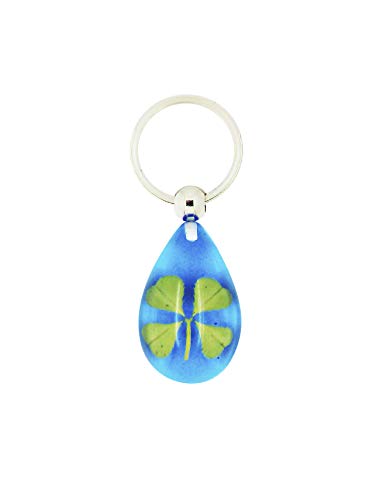 Celtic Lucky Real 4 Four Leaf Clover Good Luck Sparkling Blue Keyring