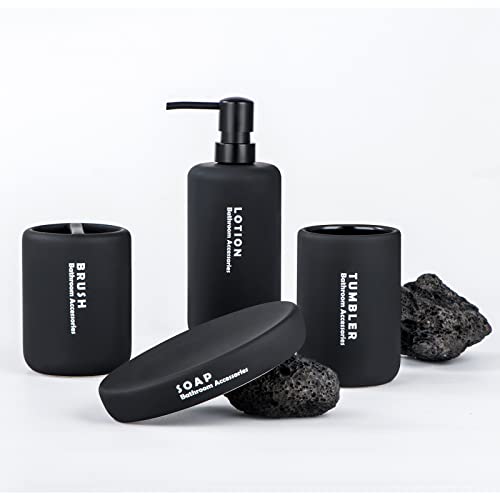 RQYIXI Soft Touch Ceramic Bathroom Accessories Set, 4 Pcs Matte Black Bathroom Accessory Complete, Modern Decor Vanity Organizer Lotion Soap Dispenser & Toothbrush Holder Set