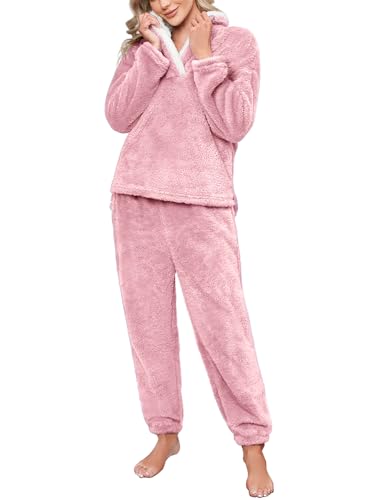 Niwicee Pijama para Mujer Invierno Conjunto de Pijama Forro Polar Super Suave Ropa de Dormir 2 Piezas Damas Ropa de Noche Manga Larga cálida y Pantalones Largos con Bolsillo (Rosa, M)