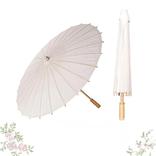 Rutaqian Ombrello di carta, stile tradizionale cinese, ombrello bianco in carta oleata con manico in legno, ombrello di carta per cerimonia nuziale, cosplay, oggetti di scena fotografici, diametro 84