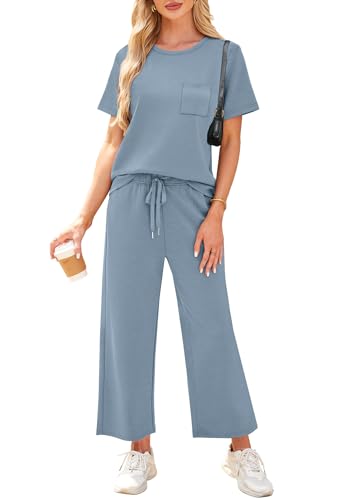Image of WIHOLL 2 Piece Sets for Women Casual Summer Travel Vacation Outfits Short Sleeve Wide Leg Crop Pants Lounge Sets