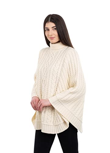 Image of SAOL 100% Merino Wool Cable Knit Ladies Irish Aran Poncho Cardigan