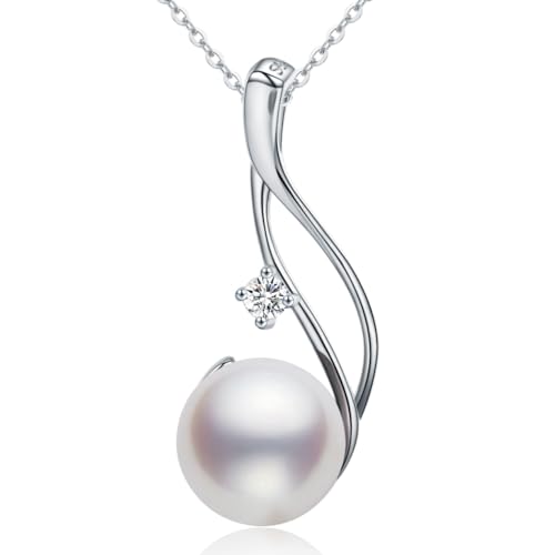 Genuine Premium AAA Top Grade 9-10mm Cultured White Pearl Pendant Necklace 18K Gold Plated 925 Silver - Gifts for Women for Her Wife Mom Daughter (White, gold-plated-silver)
