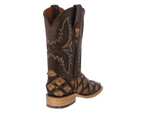 Texas Legacy Mens Honey Brown Western Boots Pirarucu Fish Print Leather Square Toe3