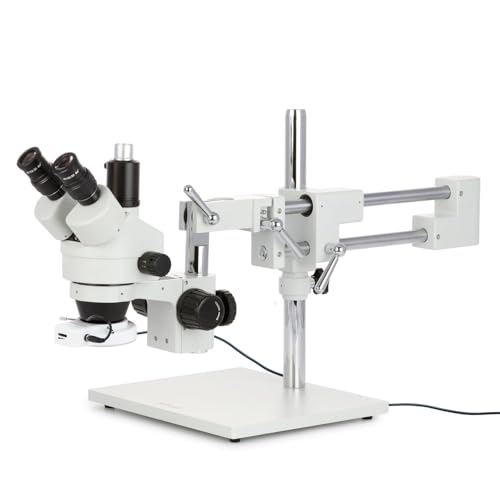 AmScope SM-4TZ-56S Professional Trinocular Stereo Zoom Microscope, WH10x Eyepieces, 3.5X-90X Magnification, 0.7X-4.5X Zoom Objective, 56-Bulb LED Ring Light, Double-Arm Boom Stand, 110V-120V, 110V-240V, Includes 0.5X and 2.0X Barlow Lens