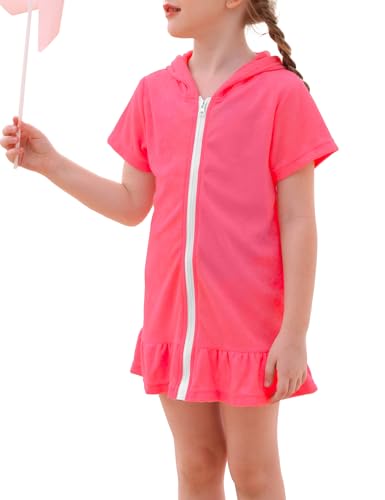 Image of Swim Cover Up Girls Multicolor Short Sleeve Ruffle Bathing Suit Hooded Zip-Up Terry Swimsuit for Toddler Kids