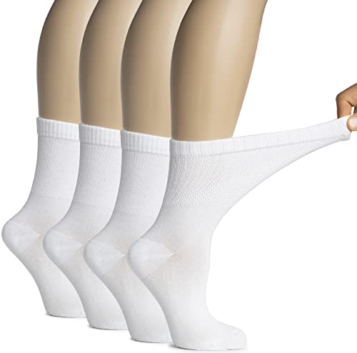 Hugh Ugoli Women s Bamboo Diabetic Crew Socks, Thin, Loose Fit, Soft, Wide Stretchy, Seamless Toe, 4 Pairs, White, Shoe Size: 6-9