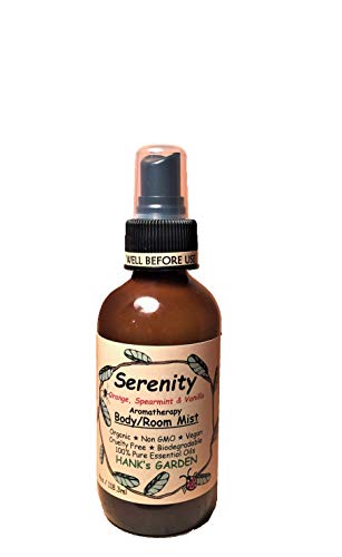 Hank's Garden SERENITY Aromatherapy Body and Room Mist Spray - Orange, Spearmint & Vanilla - 100% Pure Essential Oils, All Natural, Cruelty Free, Vegan, Organic, Biodegradable, Non GMO (4 oz)