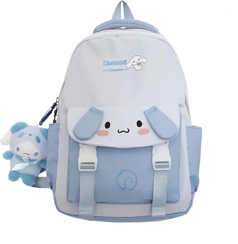 Cute Cartoon Cinna-mo-roll Backpack with Plush Pendant Laptop Bike Travel Hiking Rucksack Leisure Fashion Travel Backpacks for Women (Blue)