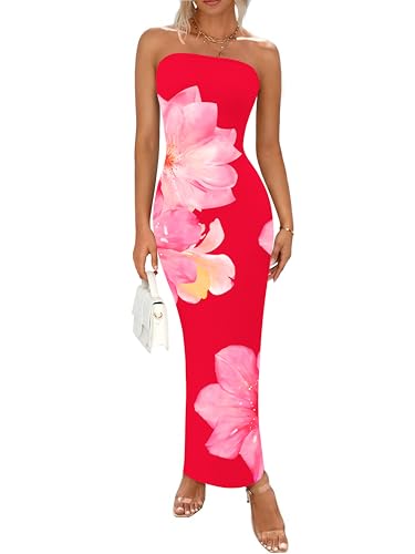 PRETTYGARDEN Trägerloses Maxikleid für Damen, figurbetont, Blumenmuster, sexy, lang, Hochzeitsgästekleid, formelles Netz-Cocktailkleid, Rote rosa...