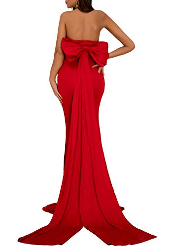 Ohvera Women s Solid Strapless Slim with Back Bow Cocktail Evening Prom Gown Maxi Long Dress Red X-Large