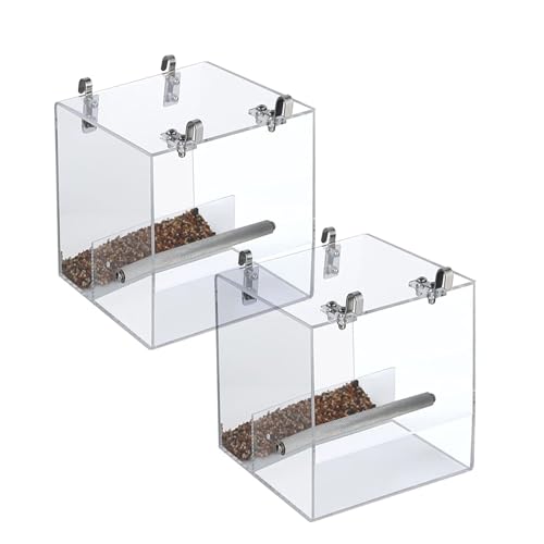 No Mess Bird Feeder for Cage, No Spill Automatic Bird Feeder Clear Window Mess Free Cage Feeder for Parakeet Parrot Cockatiels Lovebirds 5.1Inch (2pcs)