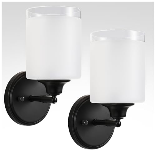 XIFEINIU Wall Sconces Set of Two Bathroom Light Fixtures with Frosted Glass Shade, Modern Matte Black Wall Lights Vanity Lights, Sconces Wall Decor Set of 2 for Bathroom Bedroom Mirror (E26 Base)