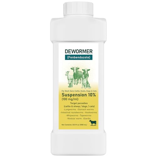 Fenbendazole 10% Oral Suspension Dewormer Livestock Dewormer (Suitable for Goats Cattle Dairy Cows Sheep Horses etc.) Helps Control Roundworms Hookworms Whipworms and Tapeworms 33.8 fl oz