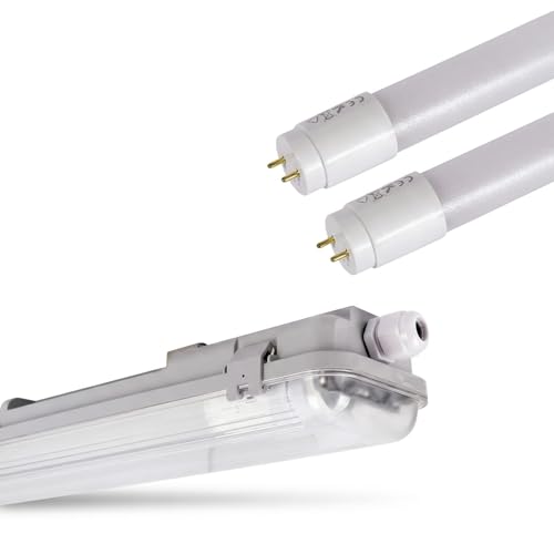 BARCELONA LED Kit Plafoniera Stagna 120cm + 2 Tubo LED T8 18W 6000K | Luce Bianco Freddo IP65 | Plafoniera Resistente in Policarbonato Ideale per Garage, Ufficio, Magazzino, Corridoi e Esterni