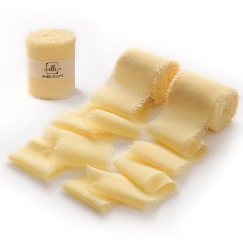 DORIS HOME Yellow Chiffon Ribbon for Flower Bouquet, 2" x21Yd Fabric Ribbon for Gift Wrapping, Handmade Frayed Ribbon for Wedding/Christmas Decorations