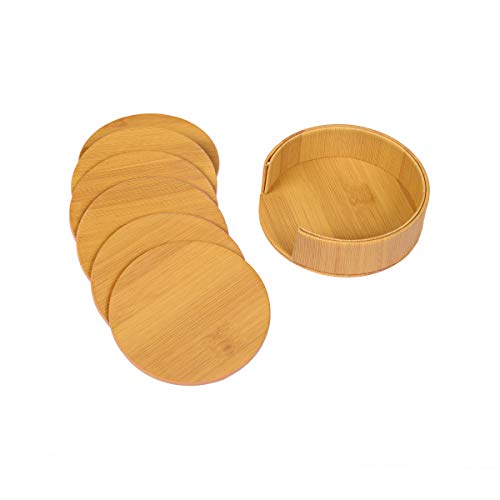 Coasters For Drinks 6-Piece Leather Coasters With Holder,Bamboo Grain Round Cup Mat Pad For Home And Kitchen Use #TOP2