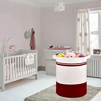 Image of Laundry Basket For Storage, High Storage Basket, Laundry Hamper With Handles, 15X 17, Cotton Rope Storage Hamper, Woven Laundry Baskat, Toy,Clothes And Woven Basket (Red)