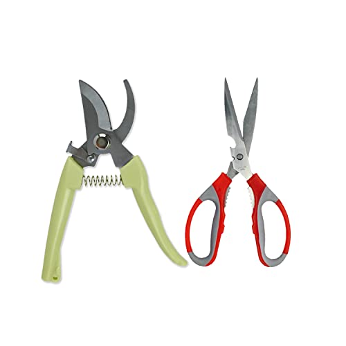 Image of Cinagro (Set of 2) Stainless Steel Gardening Tools, Pack of Pruning Shears /Hand Pruner /Cutter and Gardening Scissors, Sharp Blades for Easy Cutting, Comfortable and Durable (Multicolor)