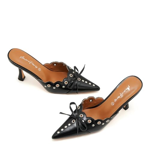 Image of Kitten Heel Mules for Women Bow Tie Suede Stiletto Heels Mule Pointed Toe Studs Slide Heeled Sandal Pumps for Wedding Dress Party