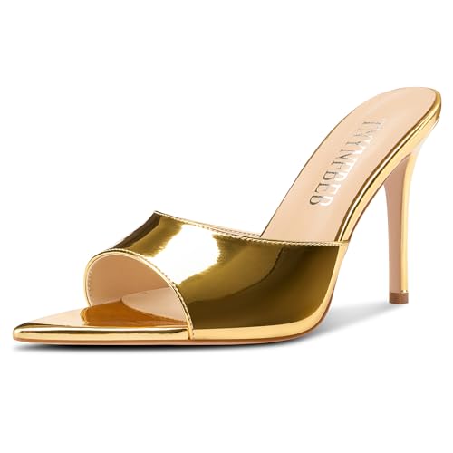 Image of TNYNFBEB Womens Stiletto High Peep Open Pointed Toe Sandals Mules Shoes Slip-on Slingback Office Party Dress Patent Leather Summer 3.9 Inches Heels