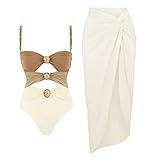 Traje de baño de una Pieza Conjunto de Traje baño Cintura Alta for Mujer, Sexy una Pieza con Temperamento, for SPA, Falda Superior, Ropa Playa(Brown Swimsuit Skirt,L)