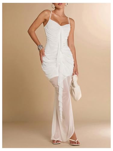 Image of Floerns Women's Ruffle Ruched Cami Dress Draped Split Elegant Bodycon Maxi Dresses