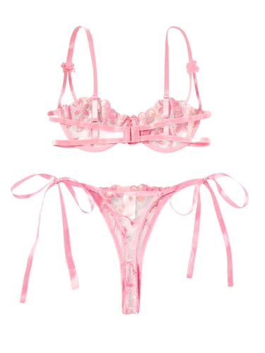 Image of Lilosy Sexy Tie Side Cute Underwire Push Up Strappy Embroidered Mesh Sheer Lingerie Set