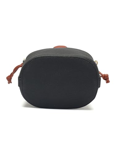 Image of white lily Women's Bucket Bag with Drawstring, Black and Brown Two-Tone, Adjustable Shoulder Strap