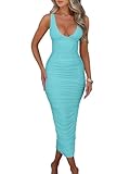 BEAGIMEG Women's Sexy Ruched Sleeveless Deep V Elegant Cocktail Evening Party Maxi Dress Lakeblue