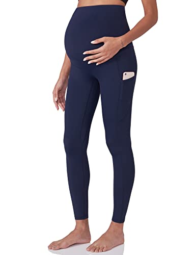 POSHDIVAH Women's Maternity Workout Leggings Over The Belly Pregnancy Yoga Pants with Pockets Soft Active Wear Work Pants Navy Blue Medium