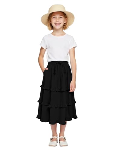 Image of Girls High Waisted Ruffle Maxi Skirt Soft Cotton Long Skirts with Elastic Waistband for Kid Girl 3-12 Years
